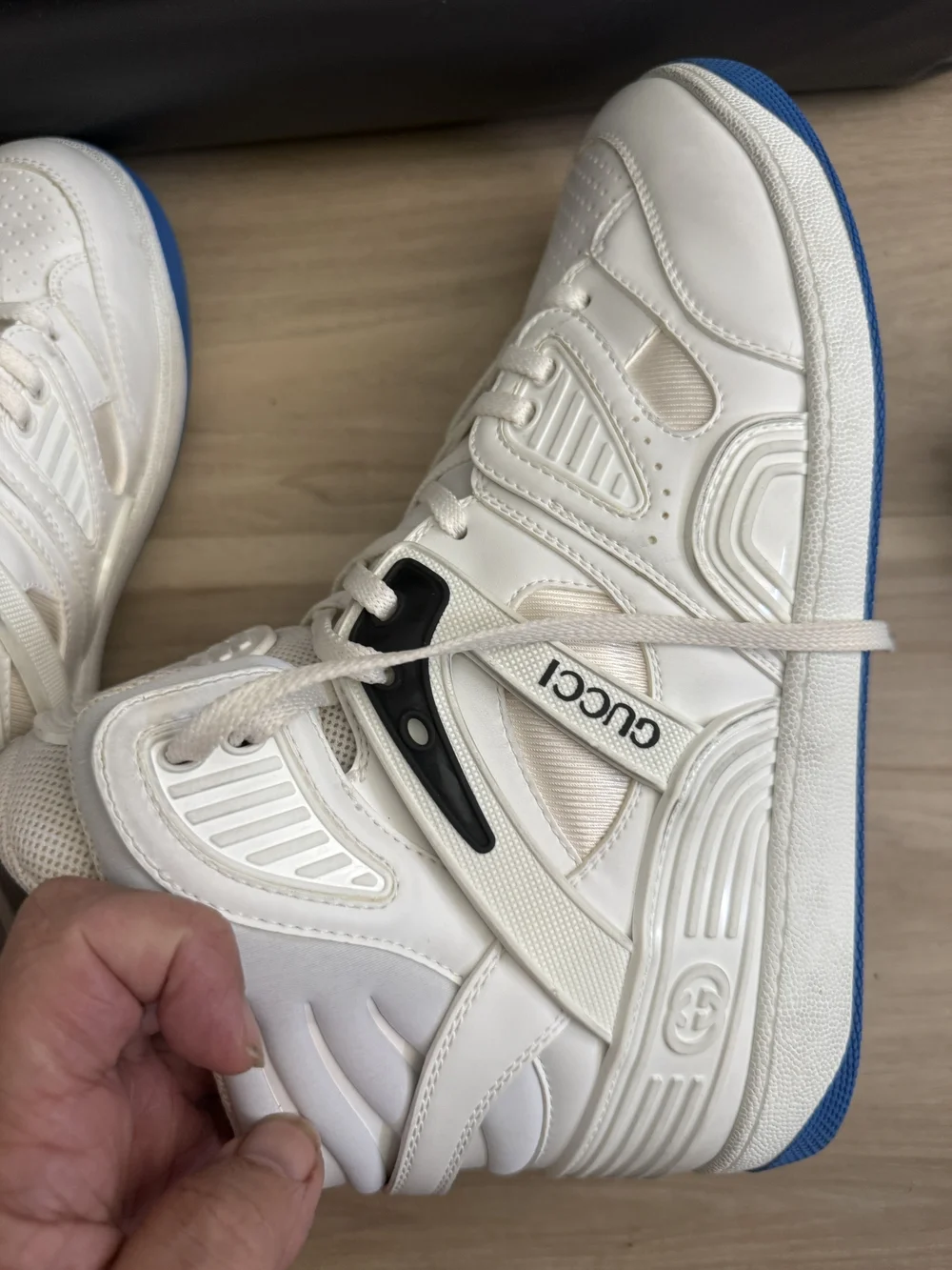 Gucci White High-Top Leather Sneakers with Subtle Blue Accent